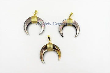 Crescent Moon Charms, Black Shell Double Horn Charms, Shell Pendants Gold Wire Wrapped, 35 mm Boho Pendant DIY Jewelry Making - A Girls Gems